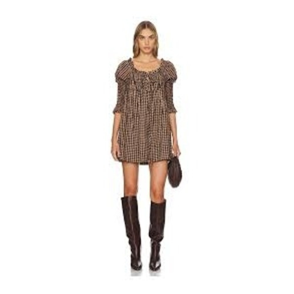 Free People Women Mini Dress L Brown Gingham Smocked Ruffle Cotton OB2049348
